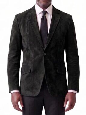 Solid Black Suede Notch Lapel Slim Fit Men's Jacket